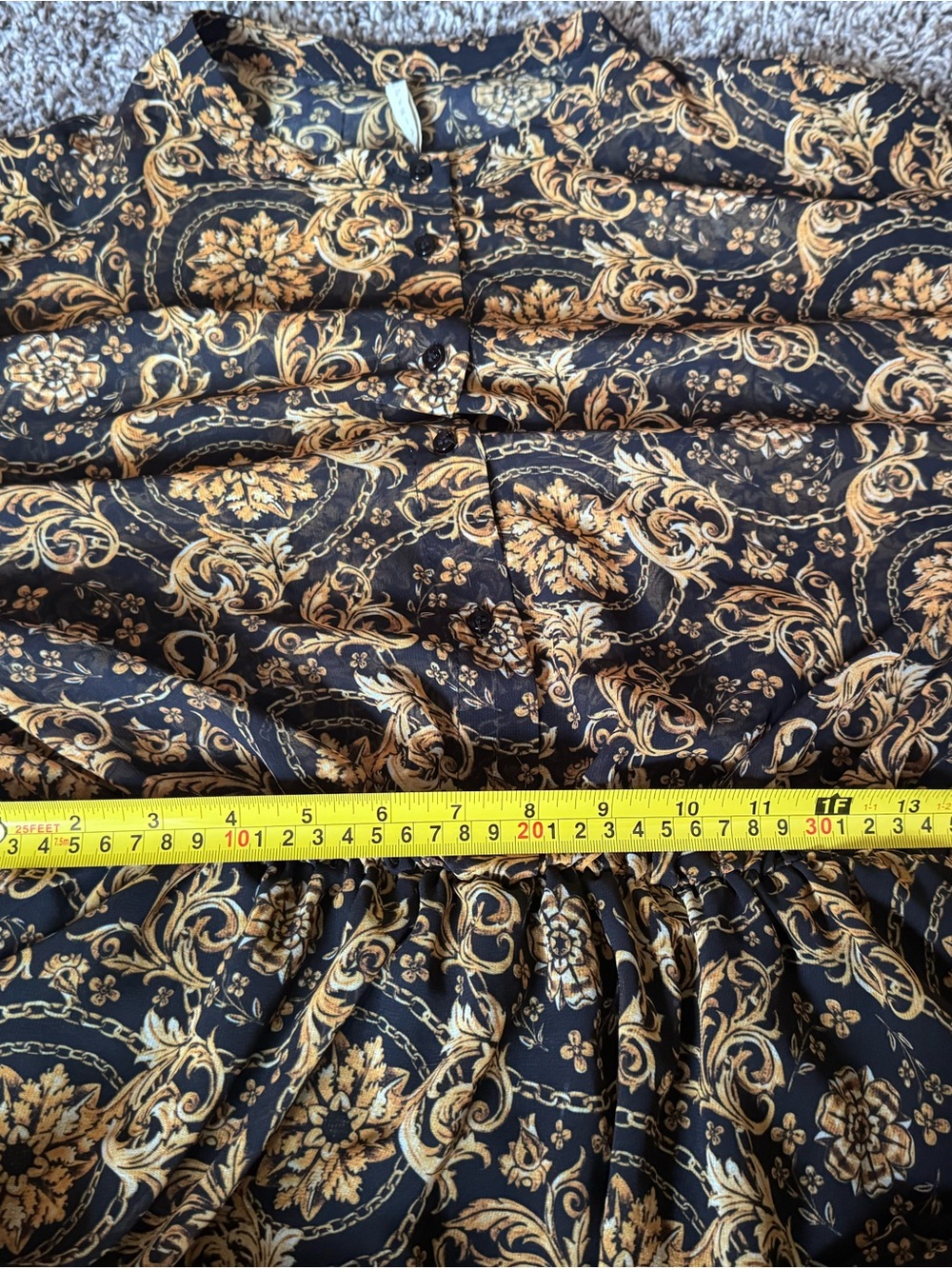 Imperial Scroll Print Tie Neck Dress Fit Flare Black Gold Semi Sheer M - Picture 11 of 11